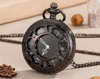 Collar con reloj de bolsillo Steampunk negro, colgante de cuarzo con esfera romana hueca, accesorio de estilo retro.