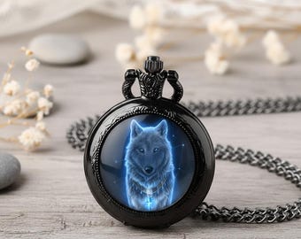 Vintage Wolf Quartz Pocket Watch Necklace, Antique Analog Pendant, Steampunk Accessory