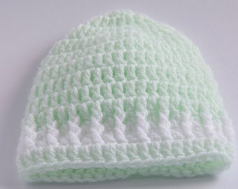 New baby hat in green and white, handmade crochet beanie hat 0 - 3  months, shower gift, christening gift