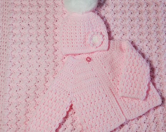 Pink Crochet Baby Cardigan and Hat Set with Pom Pom – A Wonderful Gift for Newborns