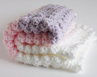 Baby Blanket, a Handmade Extra Thickness Crochet Baby Blanket in White Pink and Lilac, Shawl, 32" x 24" Approx, Christening, Shower,