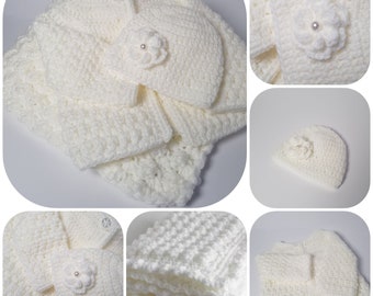 Crochet Baby Set in White: Blanket, Cardigan, and Hat, New Baby, Baby Shower Gift, Extra Thick Blanket, Hat with Flower