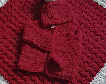 Cozy Christmas Crochet Collection - Baby Cardigan, Blanket and Hat Set with Faux Fur Pom Pom