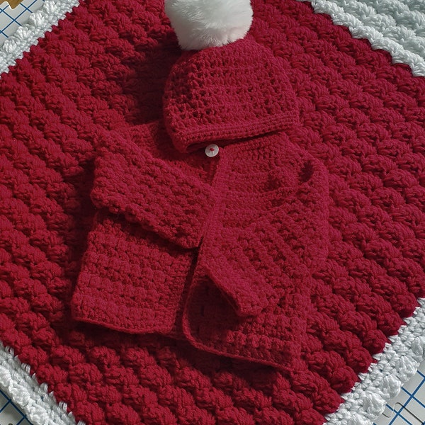 Cozy Christmas Crochet Collection - Baby Cardigan, Blanket and Hat Set with Faux Fur Pom Pom
