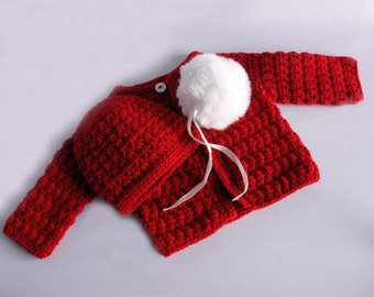 Festive Red Handmade Crochet Cardigan and Hat Set with Faux Fur Pom Pom - Perfect for Christmas