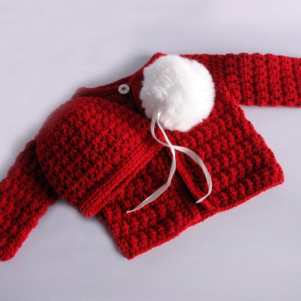 Festive Red Handmade Crochet Cardigan and Hat Set with Faux Fur Pom Pom - Perfect for Christmas