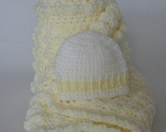 Yellow and white crochet Baby blanket and hat, a handmade extra thickness blanket, shawl, 32" x 24" app, christening, shower,, new baby gift