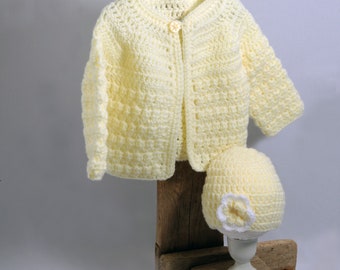 Baby Cardigan and Hat, Baby Shower Gift, Crochet Baby Cardigan and Hat in Lemon and White