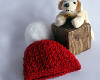 Red Christmas Baby Hat - Adorable Little Girl's Winter Hat with Faux Fur Pompom