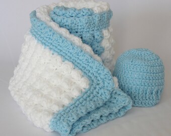 Baby Blanket with Hat,  Handmade Extra Thickness Baby Blanket, 32" x 24" Approx, Beanie Hat, Christening, Baby Shower,