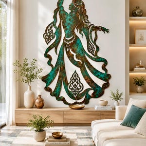 May include: A large, vertical wall art piece depicting a dancing figure in a flowing dress. The metal sculpture features a weathered, oxidized finish with vibrant teal and deep bronze tones, showcasing intricate cutout patterns and filigree details.