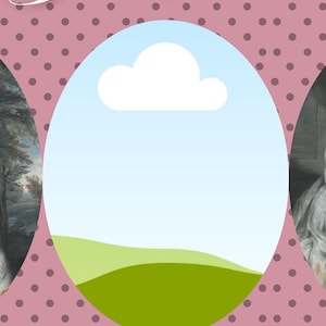 Può includere: Un design di invito rosa a pois con la scritta "Your Invited" in corsivo. Il design include un ovale centrale con cielo blu e paesaggio verde, e pannelli laterali con opere d'arte.