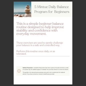 May include: A brochure with the title "5 Minute Daily Balance Program for Beginners." The text describes a beginner balance routine to improve stability and confidence. The top of the brochure has a photo of stacked stones.