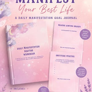 Puede incluir: Un diario y cuaderno de objetivos de manifestación diarios en rosa y morado. La portada dice "Manifiesta tu mejor vida" y "Cuaderno de rutina de manifestación diaria". Incluye indicaciones, afirmaciones y práctica de gratitud.