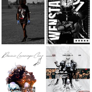 May include: A collection of black and white sports graphics featuring football players. One image shows a player in a jersey with the name "WENSTAN" and the number "21". Another features "Dominic Cavariega-Cline #61". Other graphics include "WALTON JR." and "Curtis Walton Jr."