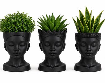 Crowned Roots Planter – African Inspired Planter Pot – Modern Black Planter – Head Planter – Indoor Plant Decor – Choose Style or Set