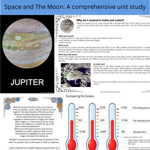 May include: Educational poster about space and the moon, featuring Jupiter and a crater experiment. Includes text about poetry tea time and comparing scales with Celsius, Fahrenheit, and Kelvin measurements.