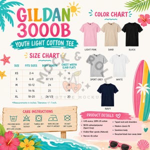Gildan 3000B Jugend leichte Baumwolle T-Shirt Größe und Farbtabelle mit Pflegehinweisen, Sommer Größentabelle