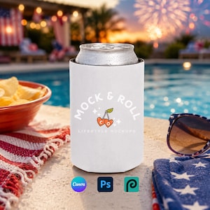 Printify Mockup för burkkylare | Patriotisk poolside drinkhylsa PSD & Canva-ram för podbutiker