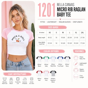 May include: A white and pink micro rib raglan baby tee with short sleeves and a crop length. The front features a graphic of two cherries with the text MOCK & ROLL LIFESTYLE MOCKUPS. The image includes a size guide in inches and color options.