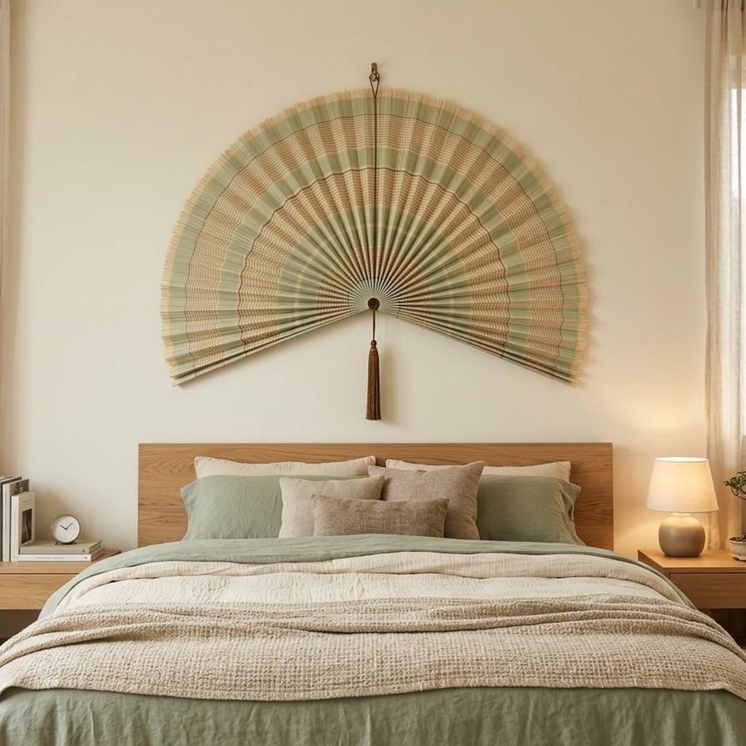 Large Handwoven Bamboo Wall Fan | Boho Rattan Hanging Decor - 50 Inches, Sage Green & Ivory