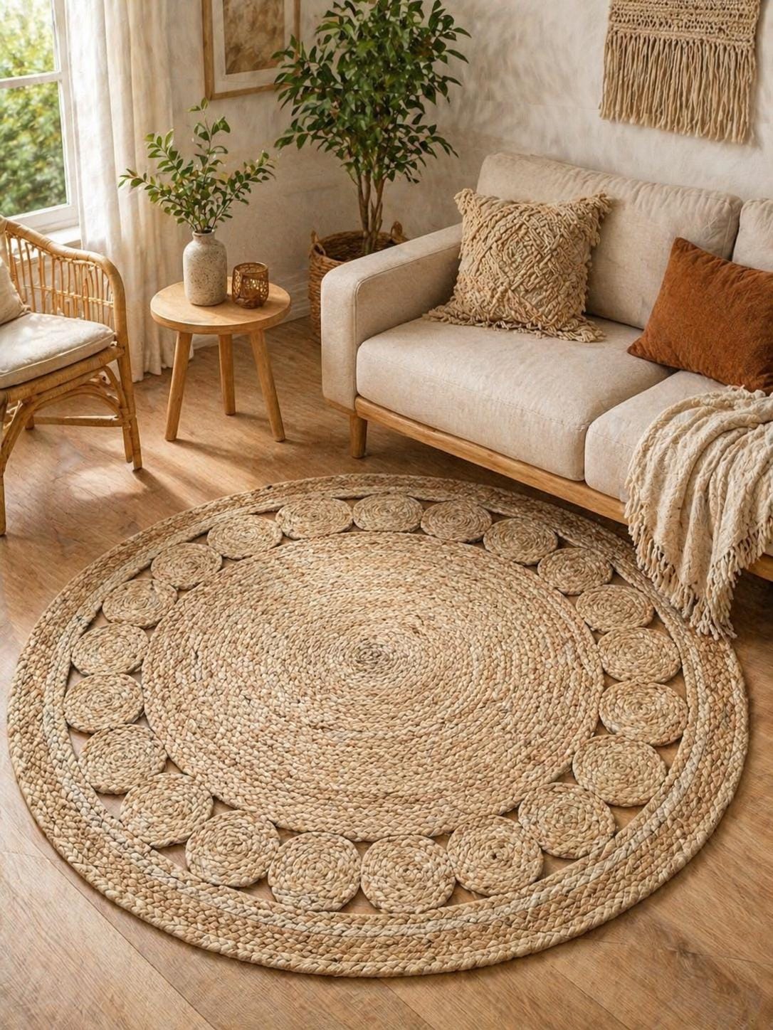 Boho Round Handwoven Jute Round Rug, Natural Boho Braided Carpet, Eco Friendly ...