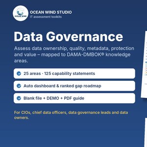May include: A digital toolkit for data governance featuring the Ocean Wind Studio logo, a 125 capability statements badge, and three spreadsheet previews. The text includes Data Governance, 25 areas, 125 capability statements, auto dashboard, ranked gap roadmap, blank file, demo, and PDF guide.