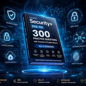 Może przedstawiać: Ciemnoniebieska książka zatytułowana "CompTIA Security+ SYO-701" z tekstem "300 pytań praktycznych z odpowiedziami i wyjaśnieniami". Okładka zawiera ikony związane z cyberbezpieczeństwem, takie jak kłódka i tarcza.
