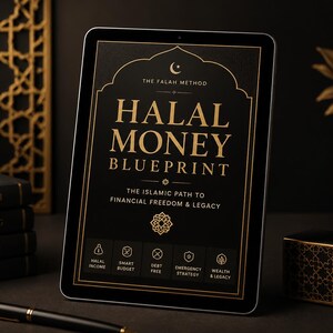 May include: A digital tablet displays the title "HALAL MONEY BLUEPRINT" in gold lettering on a black background. The tablet is surrounded by books, a pen, and decorative items. The text on the tablet also includes "The Islamic Path to Financial Freedom & Legacy."