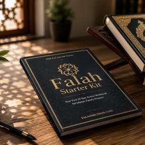 May include: A black book titled "Falah Starter Kit" with gold lettering and a floral design, resting on a wooden surface. The book is part of "The Falah Method" and includes the text "Your First 30-Day Action Workbook for Islamic Family Finance."