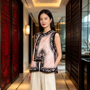Neo-Chinese Embroidered Silk-Look Vest, Floral Jacquard Tank Top, Frog Button Closure