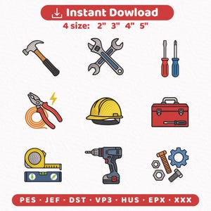 Tool Embroidery Design Bundle, 9 Construction Tools Machine Embroidery Files, Hammer Drill Toolbox PES DST JEF