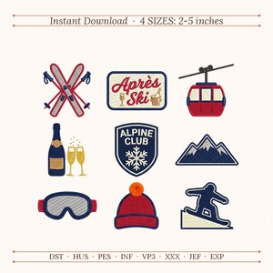 May include: A collection of nine machine embroidery designs featuring winter sports themes including crossed skis, a sign reading "Après Ski", a red gondola, a champagne bottle with two glasses, an "ALPINE CLUB" shield, mountains, goggles, a red beanie, and a snowboarder.