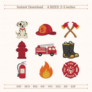 May include: A digital embroidery design set featuring nine firefighter-themed icons: a dalmatian, a red helmet with the number 5, crossed axes, a fire hydrant, a fire truck, black boots, a fire extinguisher, a flame, and a red fire badge.