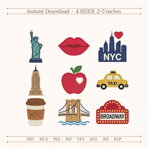 Puede incluir: Una colección de nueve diseños de bordado a máquina con temática de la ciudad de Nueva York, que incluye la Estatua de la Libertad, labios rojos, un horizonte con un corazón, el Empire State Building, una manzana con un corazón, un taxi amarillo, un café, un puente y un letrero de Broadway.