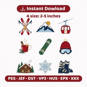 Puede incluir: Una colección de nueve diseños de bordado a máquina con temática invernal que incluye esquís rojos, una montaña, un teleférico rojo, una taza de bebida caliente, una tabla de snowboard verde, un gorro rojo con gafas, una cabaña, un copo de nieve y botas de esquí azules. Texto: Instant Dowload 4 size: 2-5 inches PES JEF DST VP3 HUS EPX XXX.