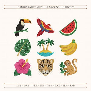 Tropical Embroidery Design Bundle, Jungle Machine Embroidery Files, Toucan Parrot Hibiscus Leopard Monkey, 4 Sizes, PES DST