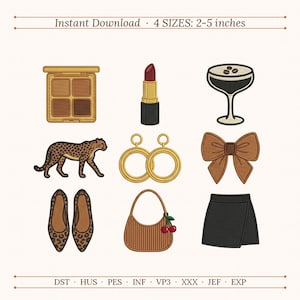 Dark Glam Embroidery Design Bundle, 9 Fashion Icons Machine Embroidery File, 4 Sizes, PES DST Leopard Handbag Skirt Chic Style