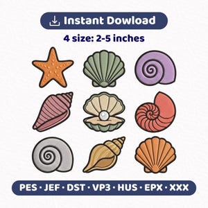 Può includere: Un set di ricami con nove motivi a tema marino, tra cui una stella marina, varie conchiglie e un'ostrica aperta con una perla. Testo: Instant Dowload, 4 size: 2-5 inches, PES, JEF, DST, VP3, HUS, EPX, XXX. I disegni sono colorati e dettagliati.
