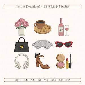 Girly Lifestyle Embroidery Design Bundle, 9 Chic Icons Machine Embroidery Files, 4 Sizes, PES DST, Handbag Rosé Coffee Flowers
