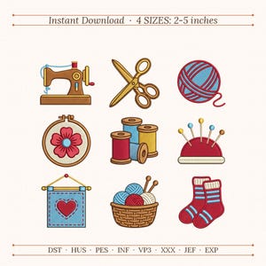 May include: A digital embroidery design set featuring nine icons: a brown sewing machine, gold scissors, a blue and red yarn ball, a floral embroidery hoop, spools of thread, a red pincushion, a blue heart banner, a yarn basket, and red socks.