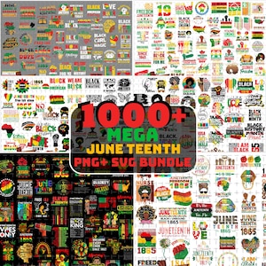 Op de afbeelding: Een digitale collectie van meer dan 1000 grafische ontwerpen met Juneteenth-thema, voorzien van tekst, illustraties van opgeheven vuisten, kaarten en culturele symbolen in rood, zwart, groen en geel, gelabeld 1000+ MEGA JUNETEENTH PNG+SVG BUNDLE.