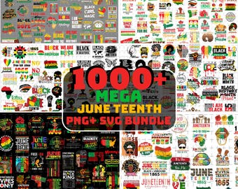 May include: A digital collection of over 1000 Juneteenth-themed graphic designs featuring text, illustrations of raised fists, maps, and cultural symbols in red, black, green, and yellow, labeled 1000+ MEGA JUNETEENTH PNG+SVG BUNDLE.
