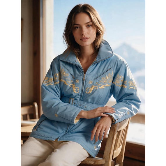 Bogner, Vintage 90s Bogner Embroidered Belted Ski Jacket 8 Powder Blue USA Made