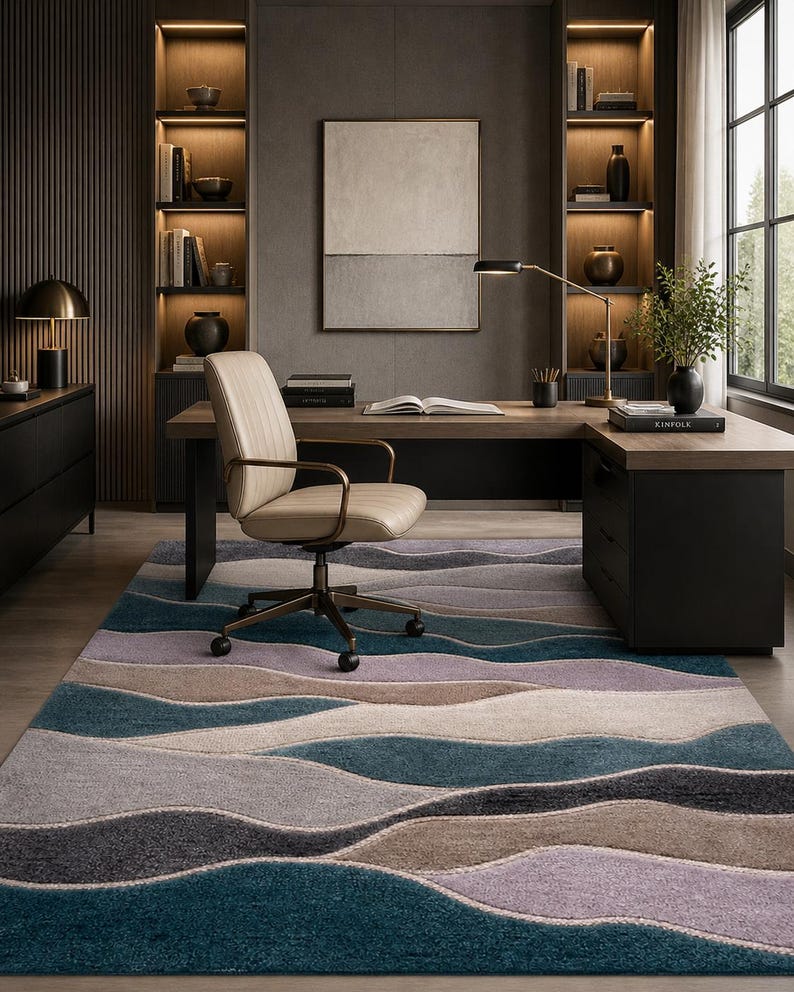 Abstract Wave Tufted Rug, Teal Gray Beige Modern Living Room Carpet ...