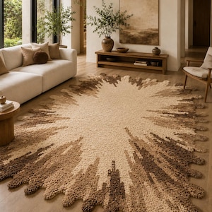 Hand Tufted Wool Rug | Organic Sculptural Loop Pile Carpet, Ivory to Chocolate Brown