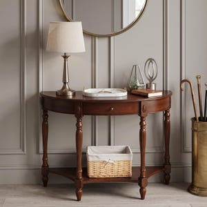 Entryway Console Table Demi Lune Cherry Walnut, Solid Wood Sofa Table with Drawer, Victorian Style Hallway Table for Living Room