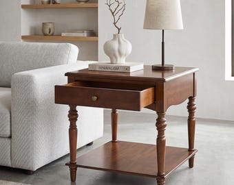 Solid Wood Side Table with Drawer, 2 Tier Square Nightstand, Large Bedside Table for Living Room Bedroom Storage
