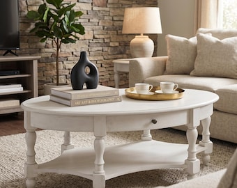 Oval Coffee Table with Drawer, Victorian Style Antique Ellipse Table, Grey White Living Room Center Table with Storage