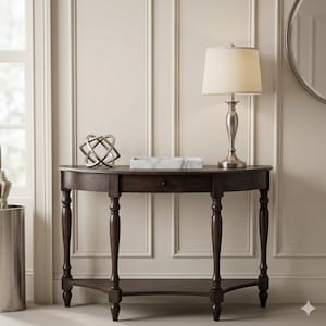 Puede incluir: Una consola de media luna marrón oscuro con patas torneadas y un cajón. Una lámpara plateada con una pantalla crema, una escultura decorativa de metal y una bandeja de mármol están encima. La mesa está contra una pared neutra.